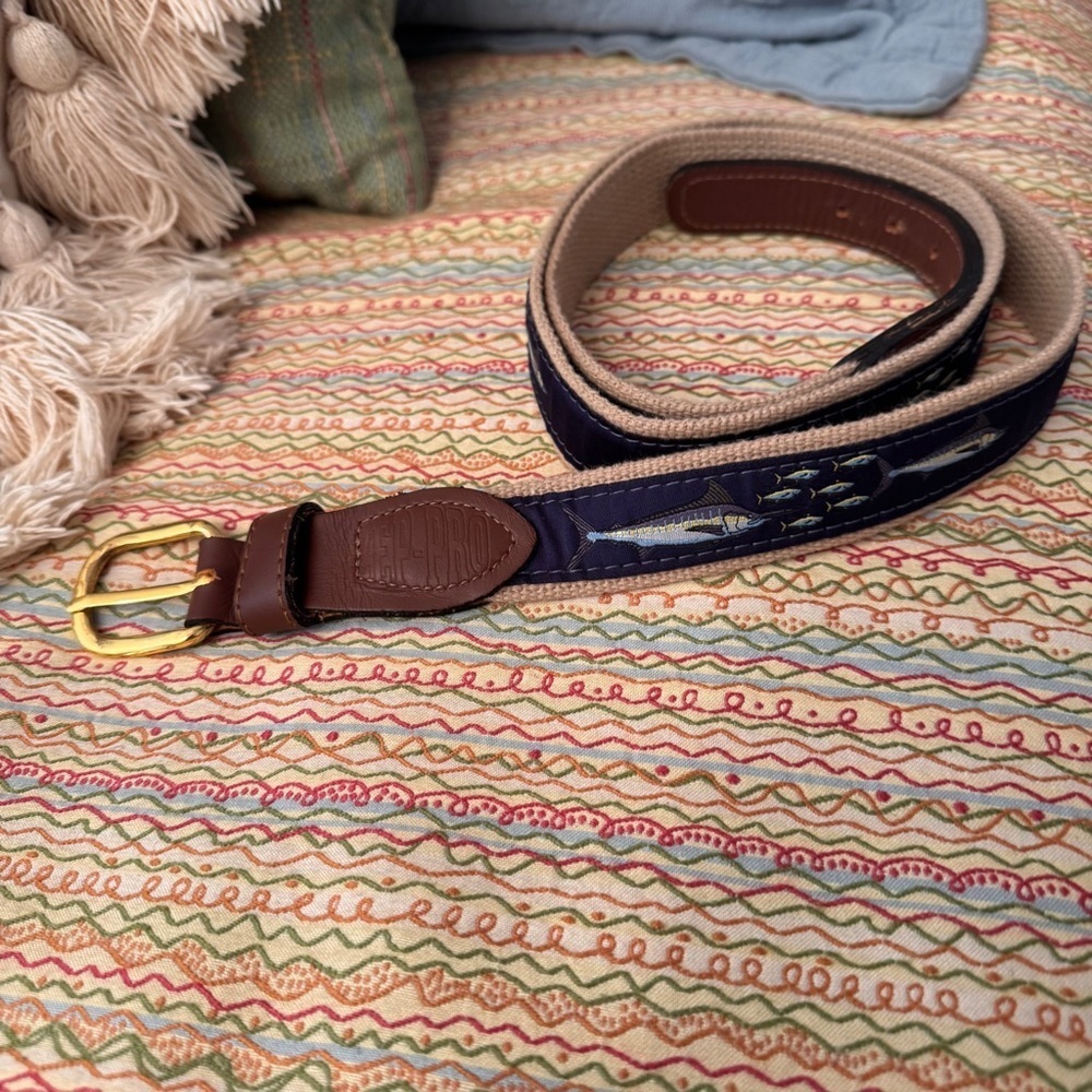 Original Zep-Pro woven ribbon belt featuring a sport fish Size 46 Brass Buckle
